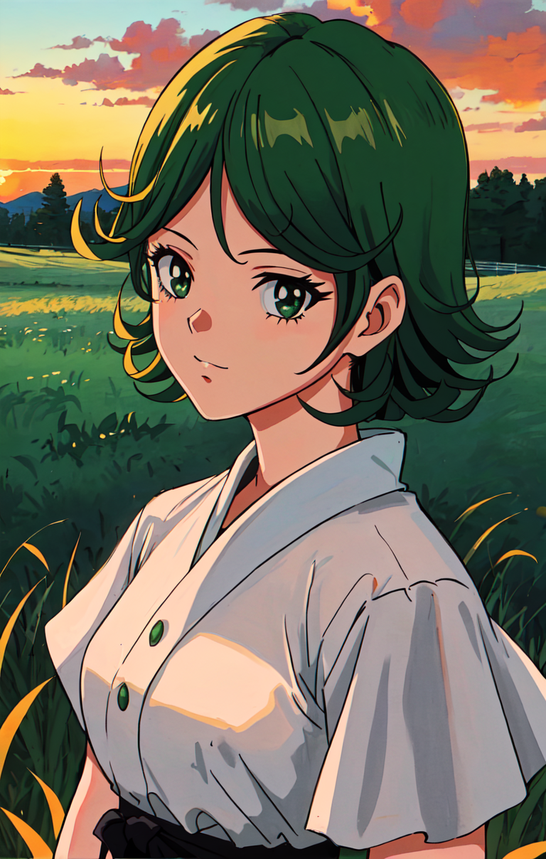 00068-3834856879-, 1girl, solo, portrait, outdoors, sunset, grass, (tatsumaki_1.1),.png